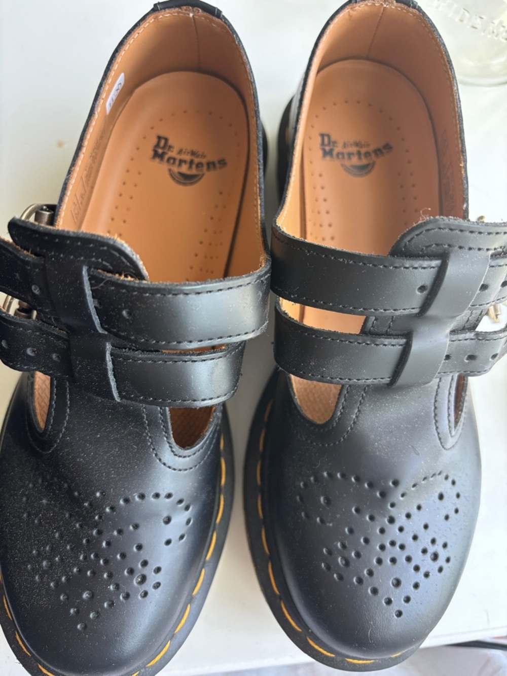Dr. Martens Black Double-Strap Mary Jane Shoes with Yellow Stitching